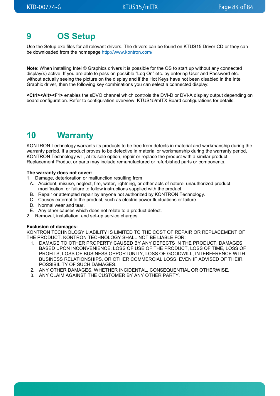 9 os setup, 10 warranty, Os setup | Warranty, 9os setup | Kontron KTUS15-mITX - 1.1 Basic User Manual | Page 84 / 84