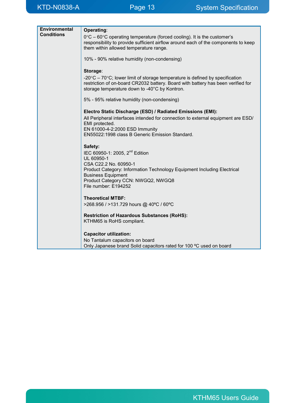 System specification | Kontron KTHM65-mITX User Manual | Page 13 / 129