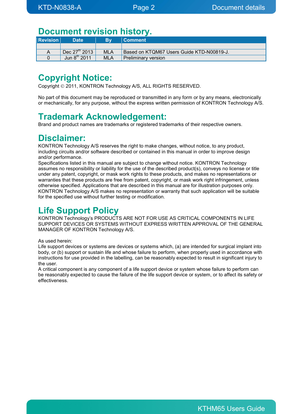 Document revision history, Copyright notice, Trademark acknowledgement | Disclaimer, Life support policy, Document details | Kontron KTHM65-mITX User Manual | Page 2 / 129
