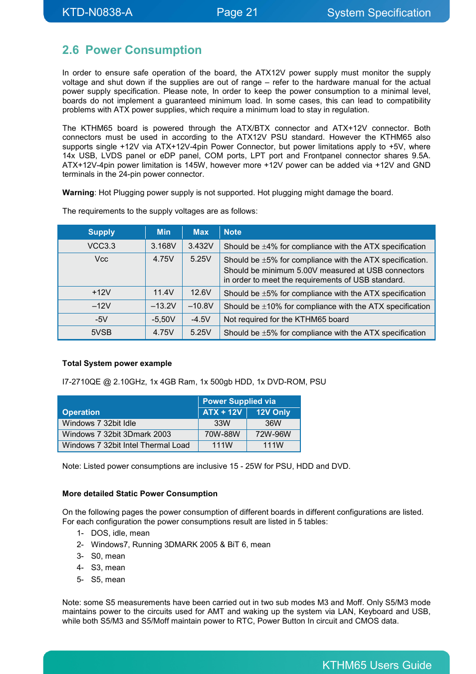 6 power consumption, Power consumption, System specification | Kontron KTHM65-mITX User Manual | Page 21 / 129