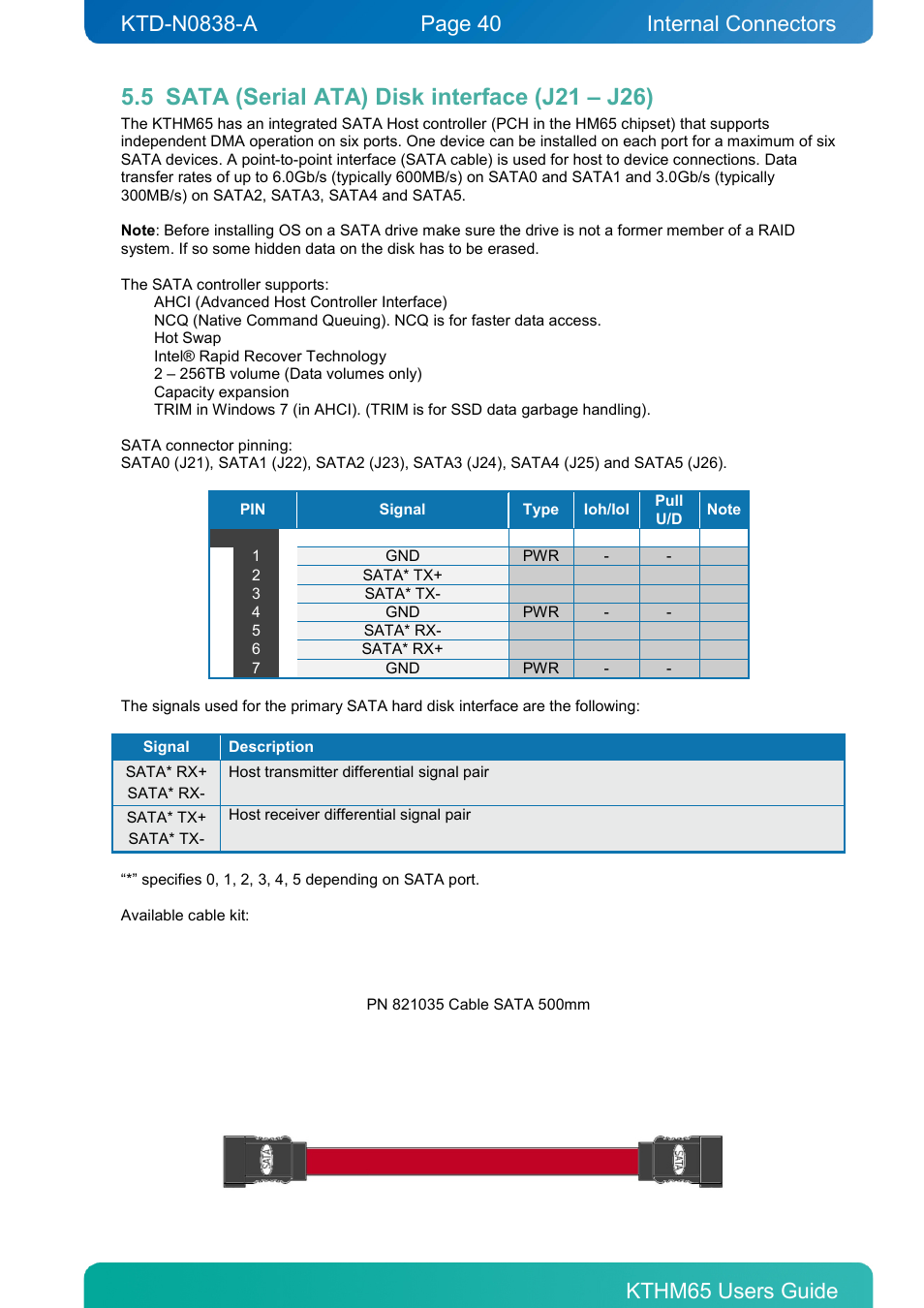 5 sata (serial ata) disk interface (j21 – j26), Sata (serial ata) disk interface (j21 – j26), Internal connectors | Kontron KTHM65-mITX User Manual | Page 40 / 129