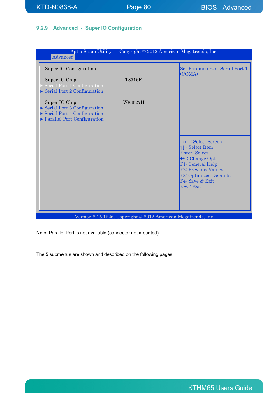 9 advanced - super io configuration, Advanced - super io configuration, Bios - advanced | Kontron KTHM65-mITX User Manual | Page 80 / 129