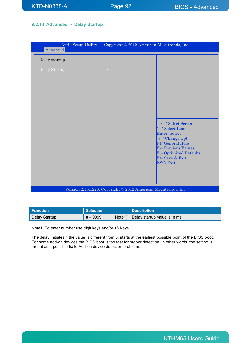 14 advanced - delay startup, Advanced - delay startup, Bios - advanced | Kontron KTHM65-mITX User Manual | Page 92 / 129