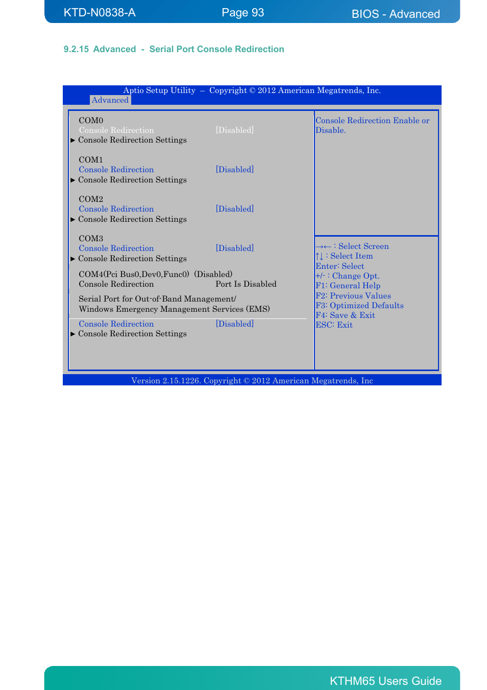 15 advanced - serial port console redirection, Advanced - serial port console redirection, Bios - advanced | Kontron KTHM65-mITX User Manual | Page 93 / 129