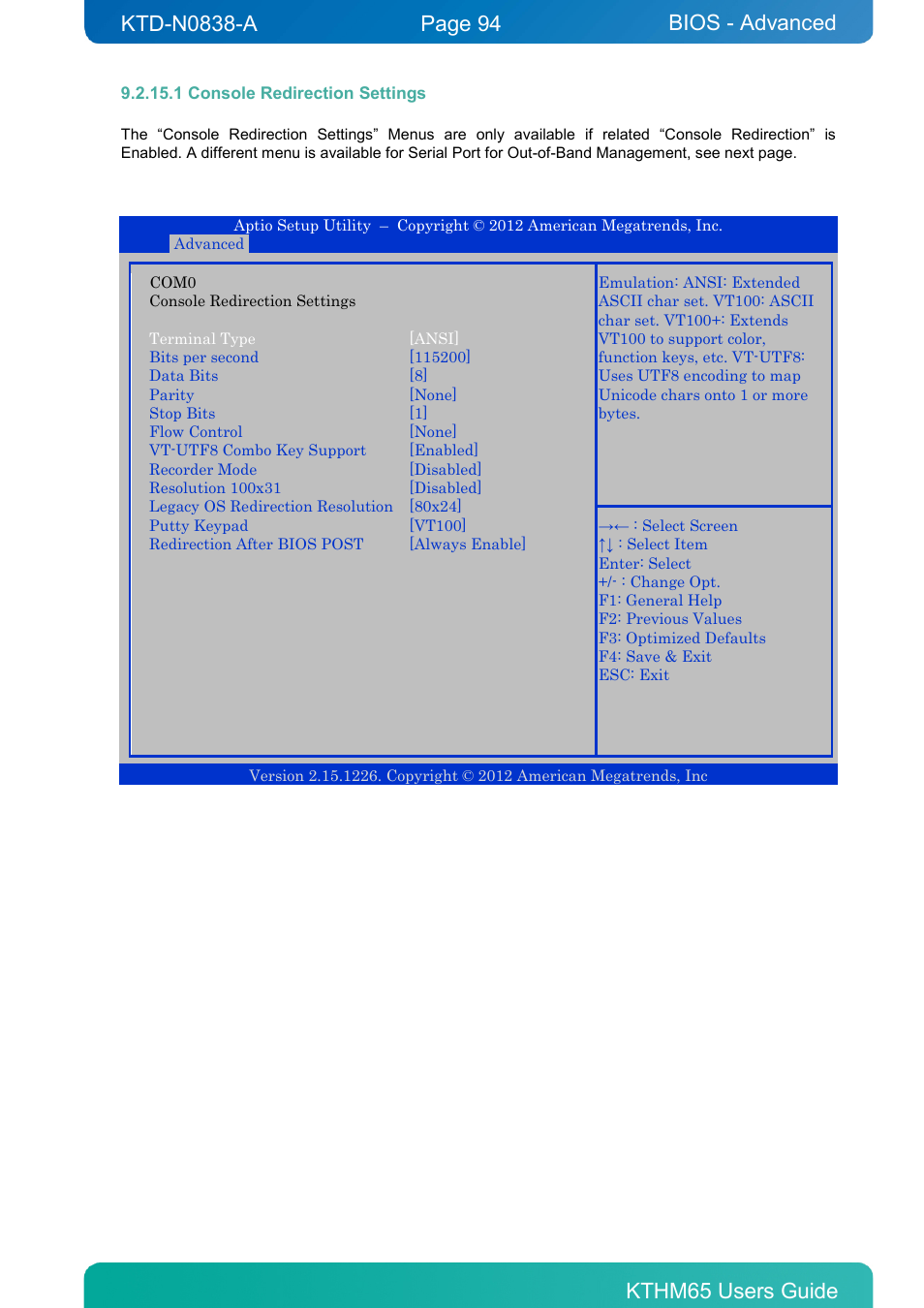 1 console redirection settings, Bios - advanced | Kontron KTHM65-mITX User Manual | Page 94 / 129