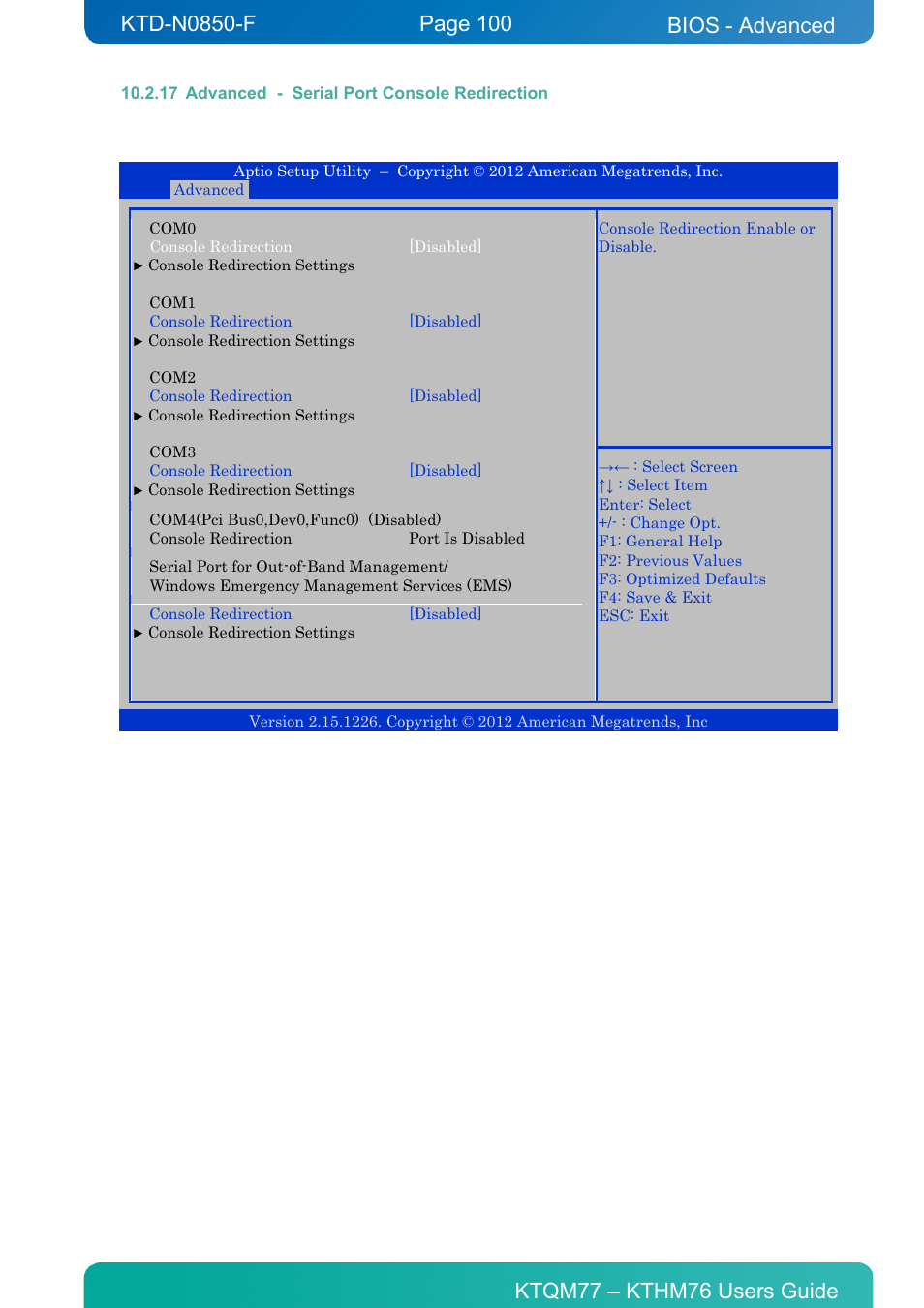 17 advanced - serial port console redirection, Advanced - serial port console redirection, Bios - advanced | Kontron KTHM76-mITX User Manual | Page 100 / 140