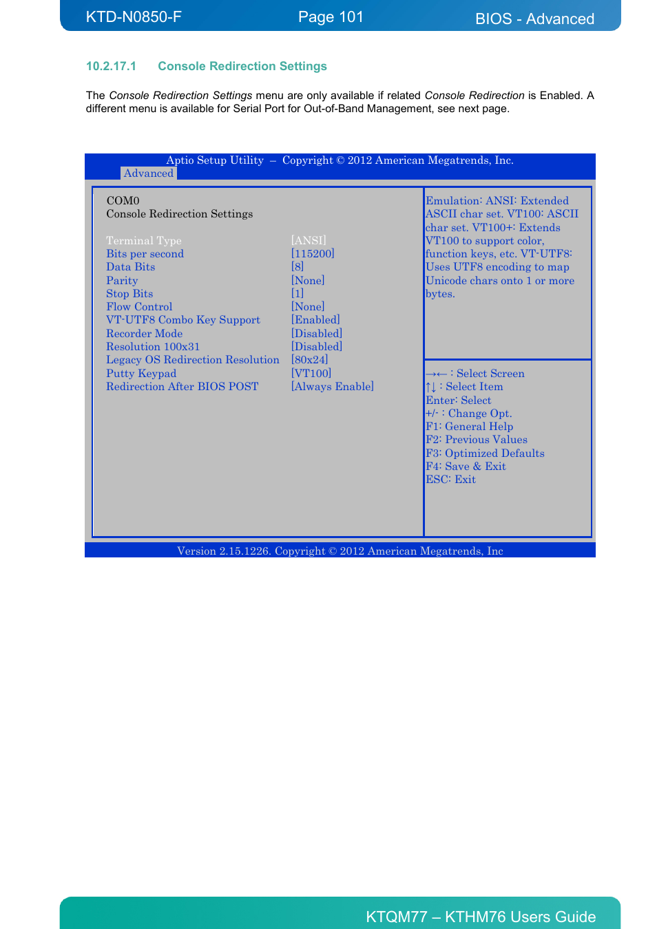 1 console redirection settings, Bios - advanced | Kontron KTHM76-mITX User Manual | Page 101 / 140