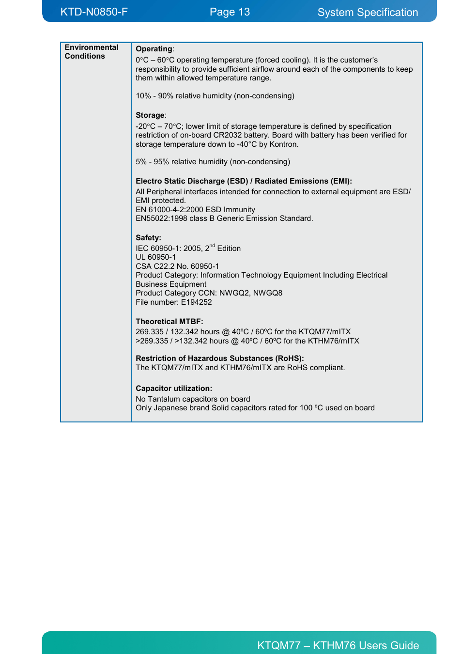 System specification | Kontron KTHM76-mITX User Manual | Page 13 / 140
