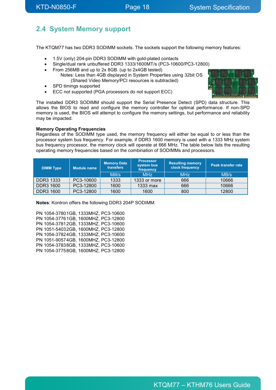 4 system memory support, System memory support, System specification | Kontron KTHM76-mITX User Manual | Page 18 / 140