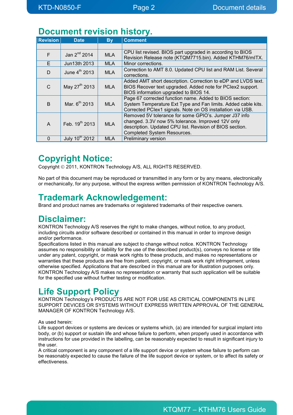 Document revision history, Copyright notice, Trademark acknowledgement | Disclaimer, Life support policy, Document details | Kontron KTHM76-mITX User Manual | Page 2 / 140