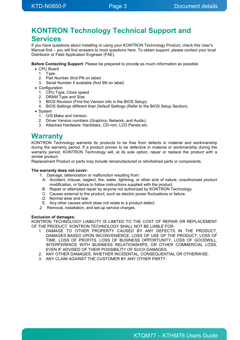 Kontron technology technical support and services, Warranty, Document details | Kontron KTHM76-mITX User Manual | Page 3 / 140