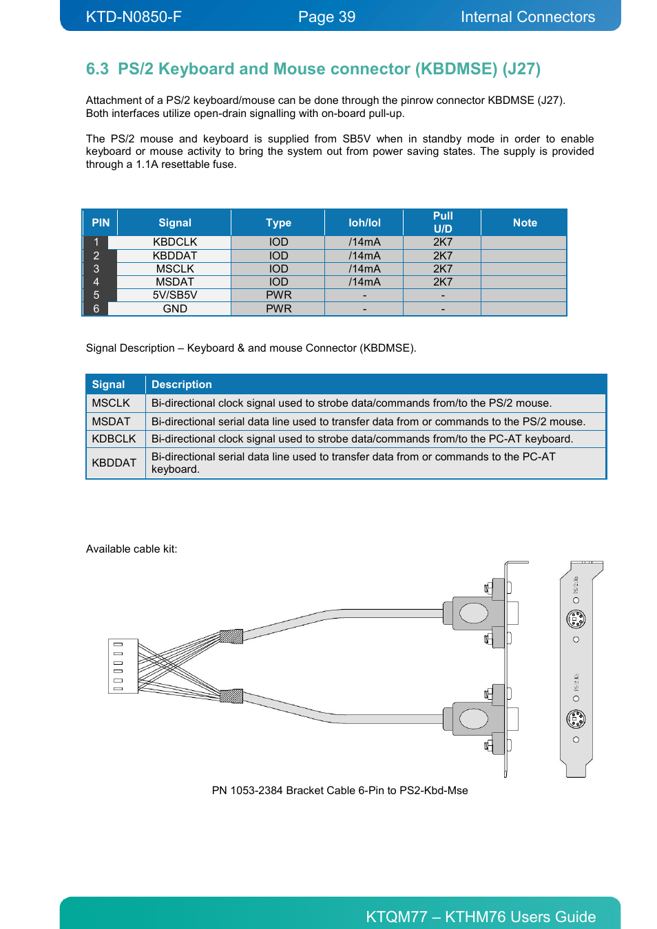 3 ps/2 keyboard and mouse connector (kbdmse) (j27), Ps/2 keyboard and mouse connector (kbdmse) (j27), Internal connectors | Kontron KTHM76-mITX User Manual | Page 39 / 140