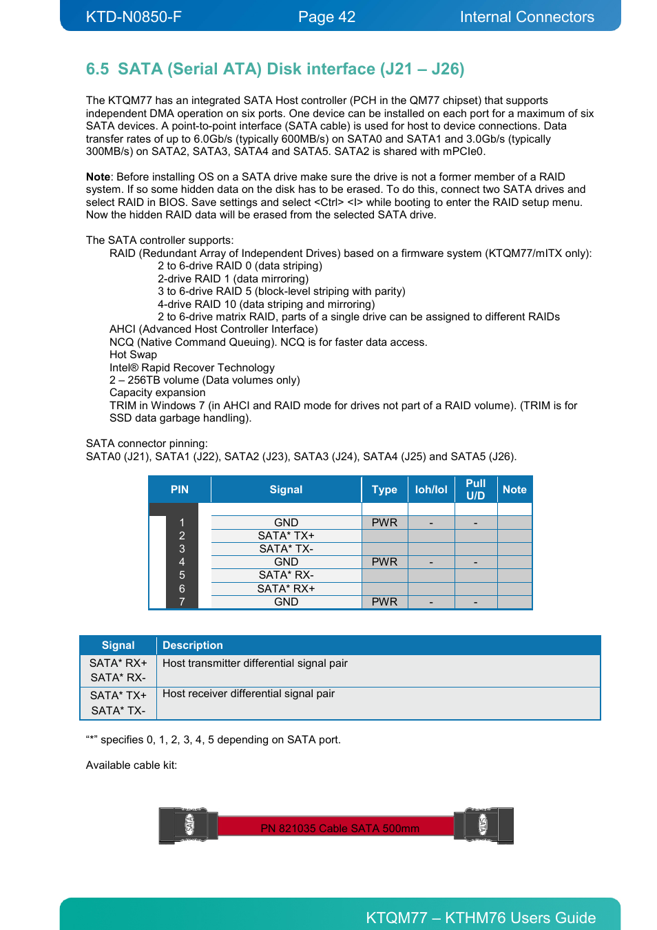 5 sata (serial ata) disk interface (j21 – j26), Sata (serial ata) disk interface (j21 – j26), Internal connectors | Kontron KTHM76-mITX User Manual | Page 42 / 140