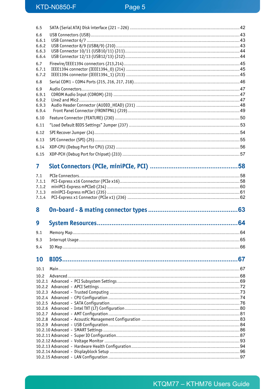 Slot connectors (pcie, minipcie, pci), On-board - & mating connector types, System resources | Bios | Kontron KTHM76-mITX User Manual | Page 5 / 140