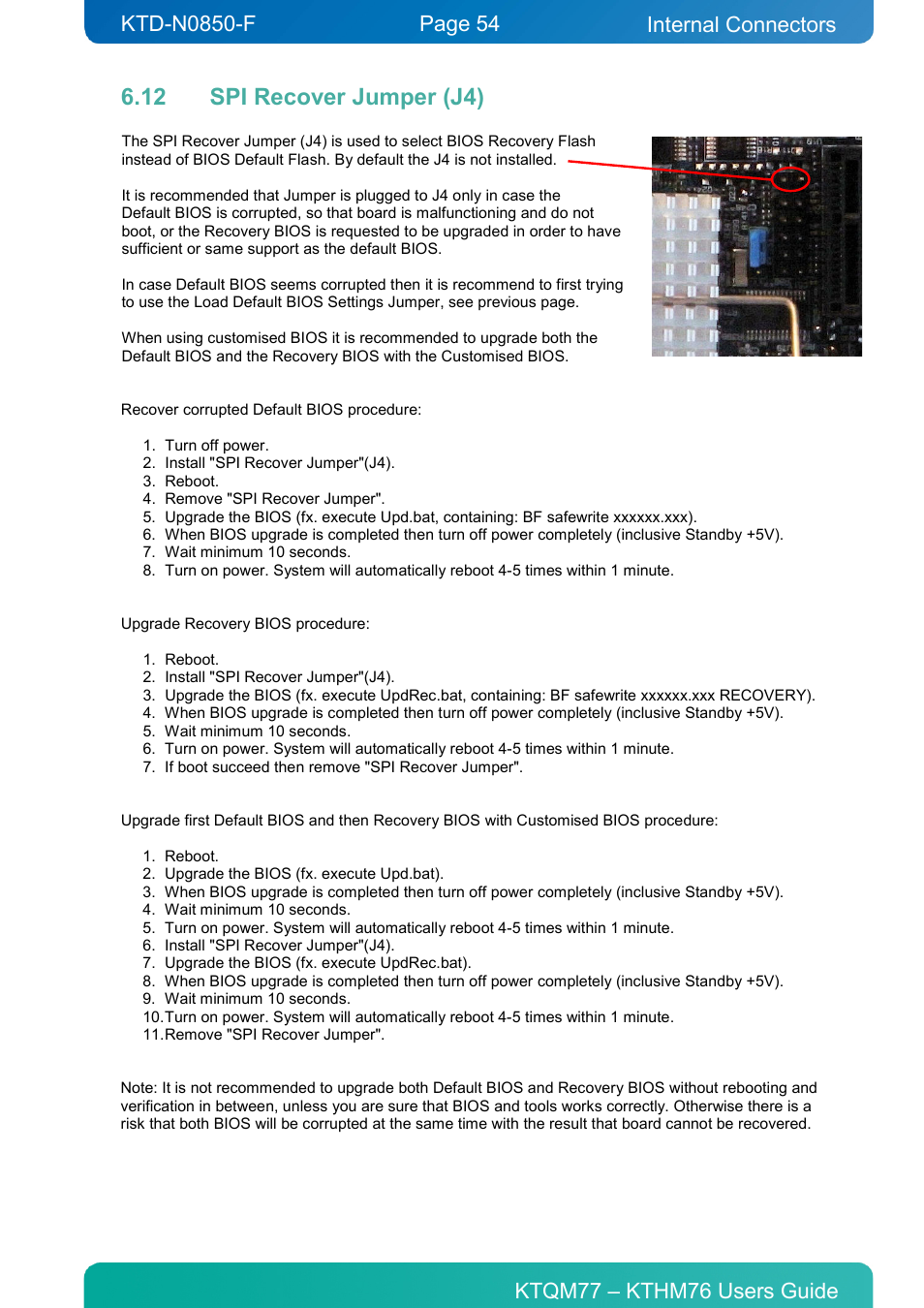 12 spi recover jumper (j4), Spi recover jumper (j4), Internal connectors | Kontron KTHM76-mITX User Manual | Page 54 / 140