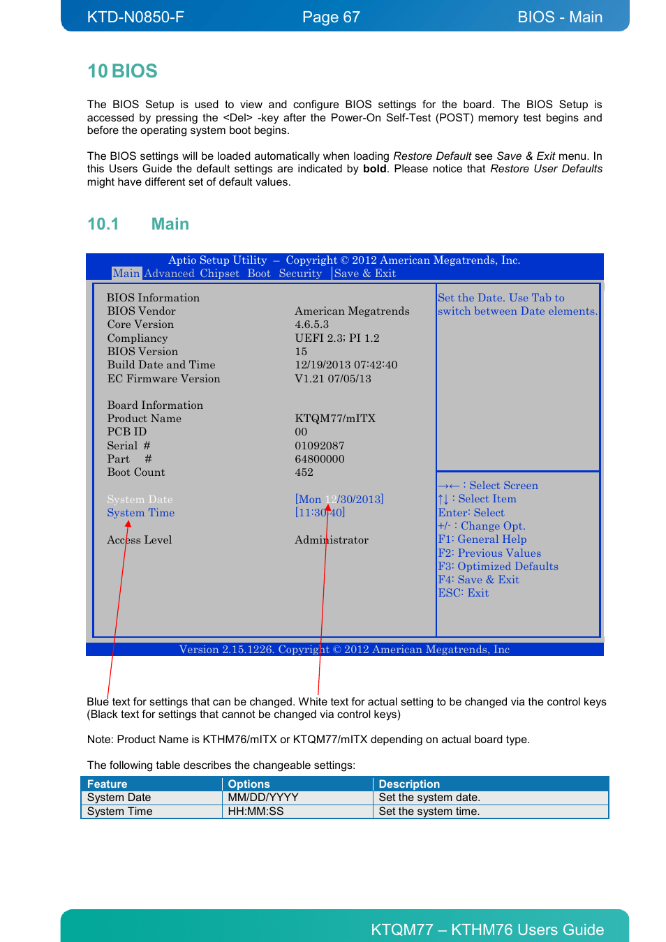 10 bios, 1 main, Bios | Main, Bios - main | Kontron KTHM76-mITX User Manual | Page 67 / 140