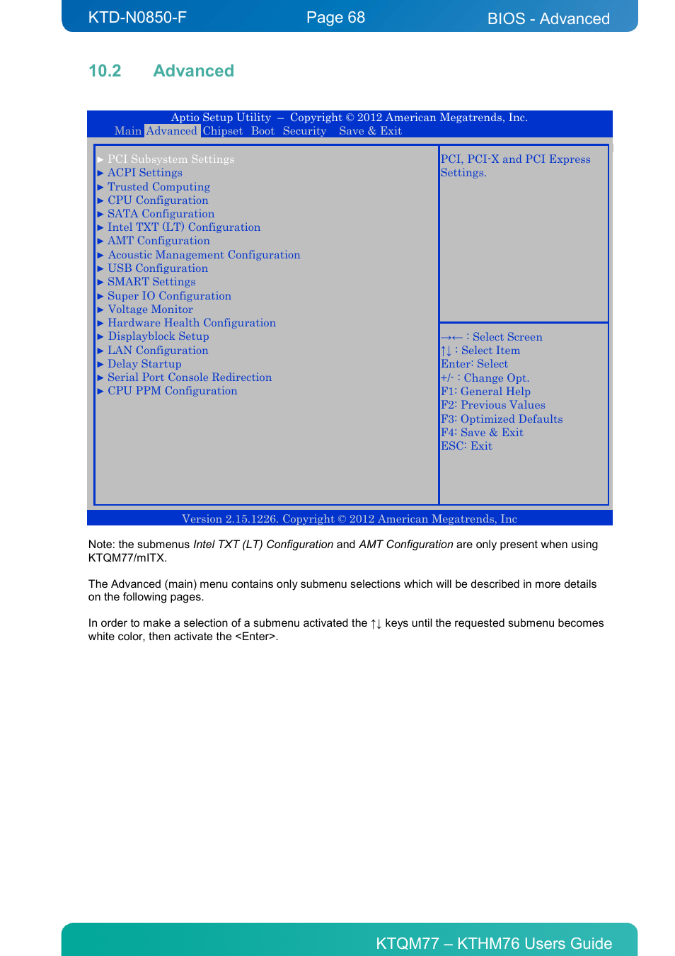2 advanced, Advanced, Bios - advanced | Kontron KTHM76-mITX User Manual | Page 68 / 140