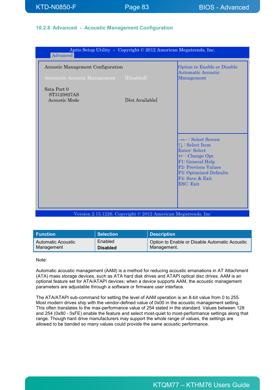 8 advanced - acoustic management configuration, Advanced - acoustic management configuration, Bios - advanced | Kontron KTHM76-mITX User Manual | Page 83 / 140