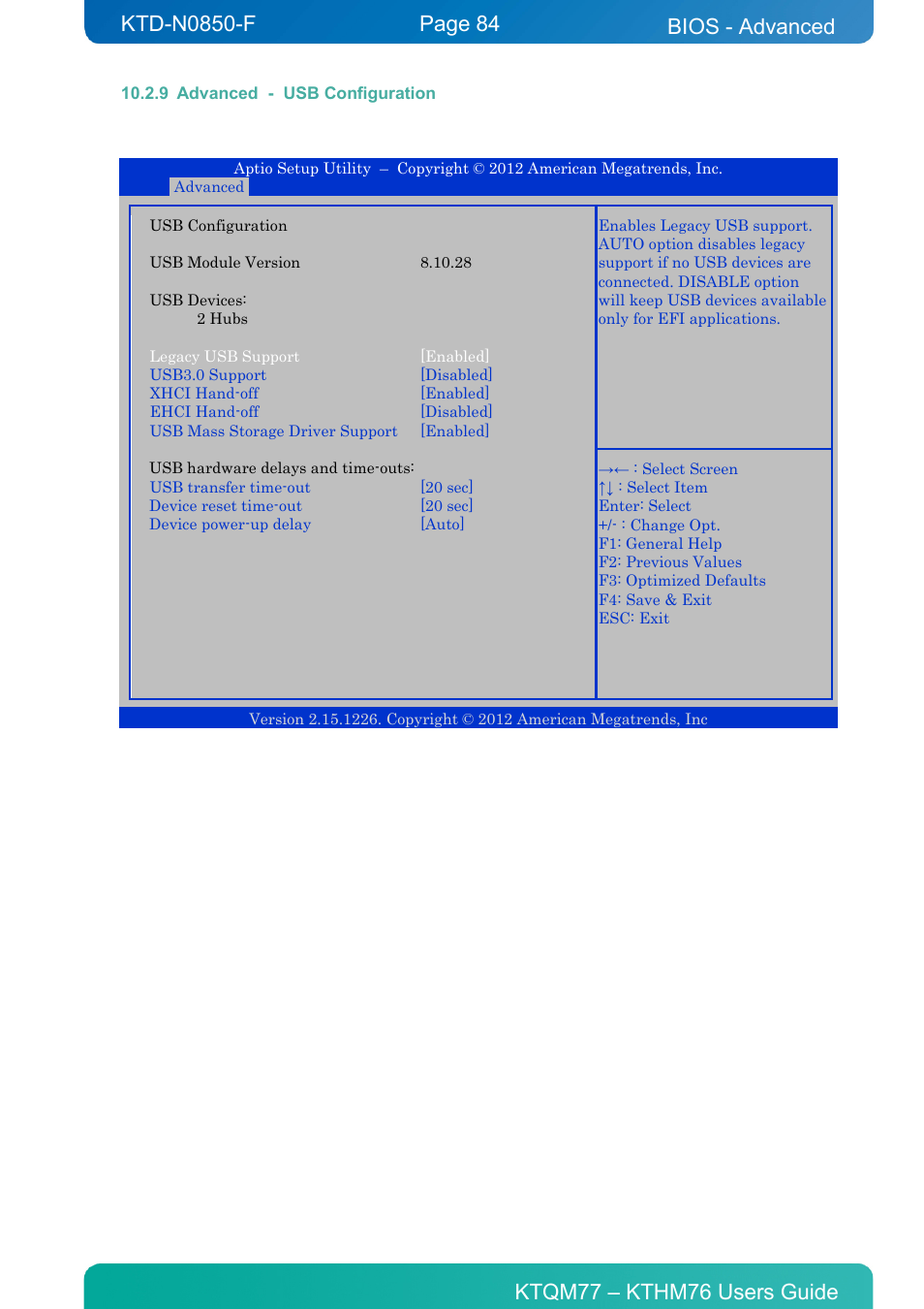9 advanced - usb configuration, Advanced - usb configuration, Bios - advanced | Kontron KTHM76-mITX User Manual | Page 84 / 140