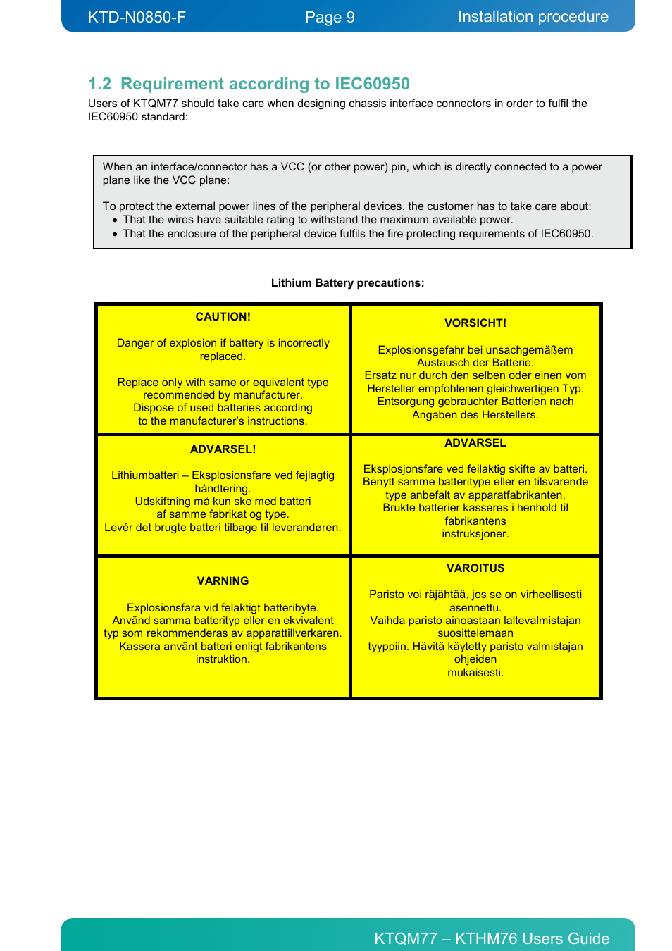 2 requirement according to iec60950, Requirement according to iec60950, Installation procedure | Kontron KTHM76-mITX User Manual | Page 9 / 140