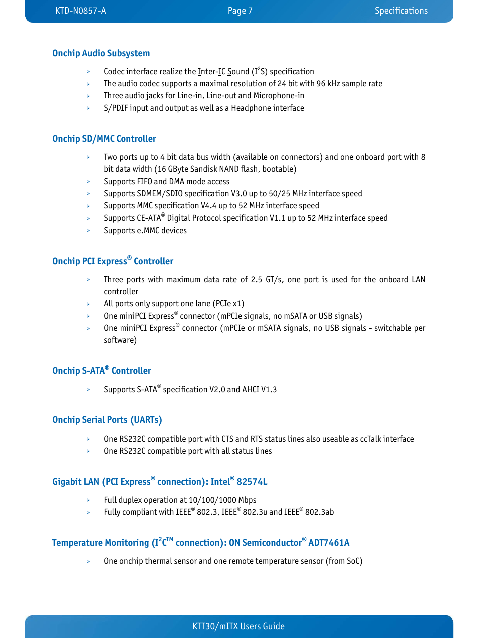 Onchip audio subsystem, Onchip sd/mmc controller, Onchip pci express® controller | Onchip s-ata® controller, Onchip serial ports (uarts), Ktt30/mitx users guide onchip audio subsystem, Onchip pci express, Controller, Onchip s-ata, Gigabit lan (pci express | Kontron KTT30-mITX User Manual | Page 10 / 38