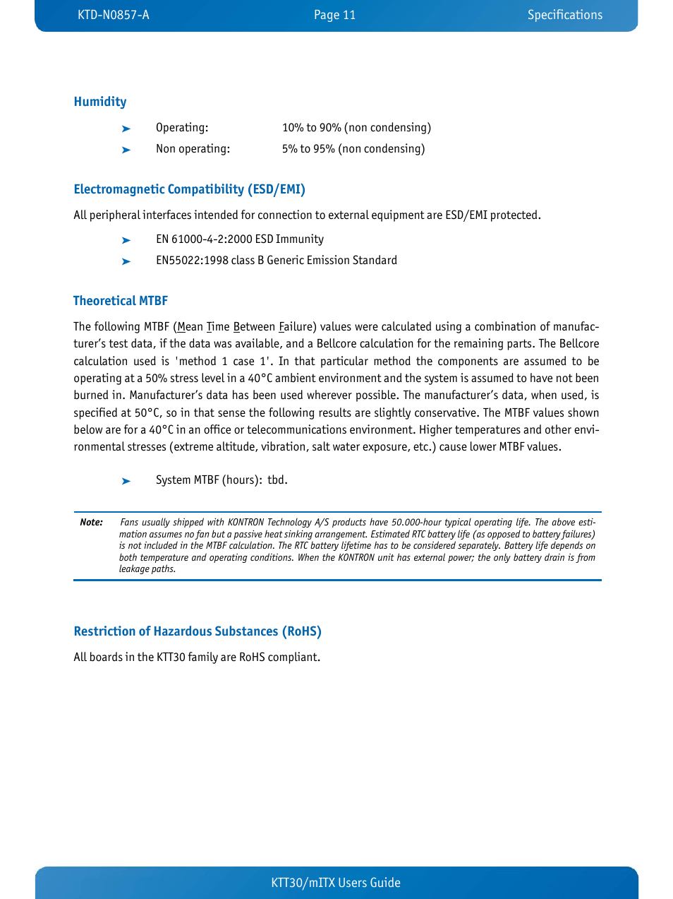 Humidity, Electromagnetic compatibility (esd/emi), Theoretical mtbf | Restriction of hazardous substances (rohs) | Kontron KTT30-mITX User Manual | Page 14 / 38