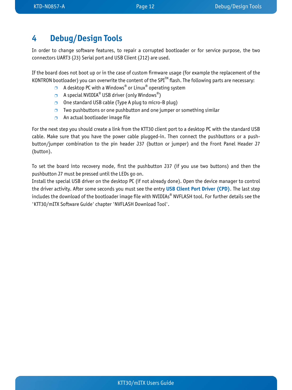 4 debug/design tools, Debug/design tools, 4debug/design tools | Ktt30/mitx users guide | Kontron KTT30-mITX User Manual | Page 15 / 38