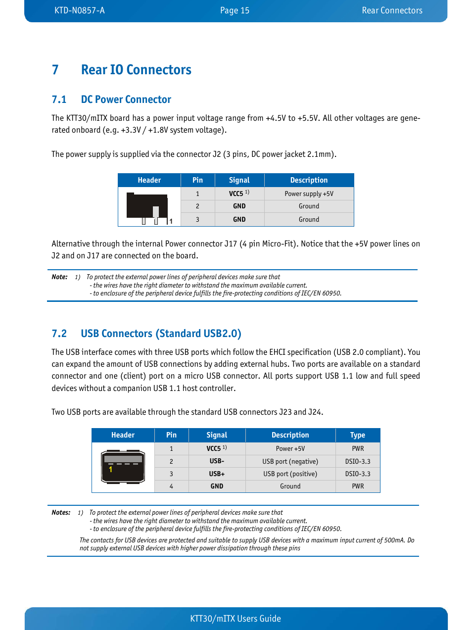 7 rear io connectors, 1 dc power connector, 2 usb connectors (standard usb2.0) | Rear io connectors, Dc power connector, Usb connectors (standard usb2.0), 7rear io connectors, Ktt30/mitx users guide | Kontron KTT30-mITX User Manual | Page 18 / 38