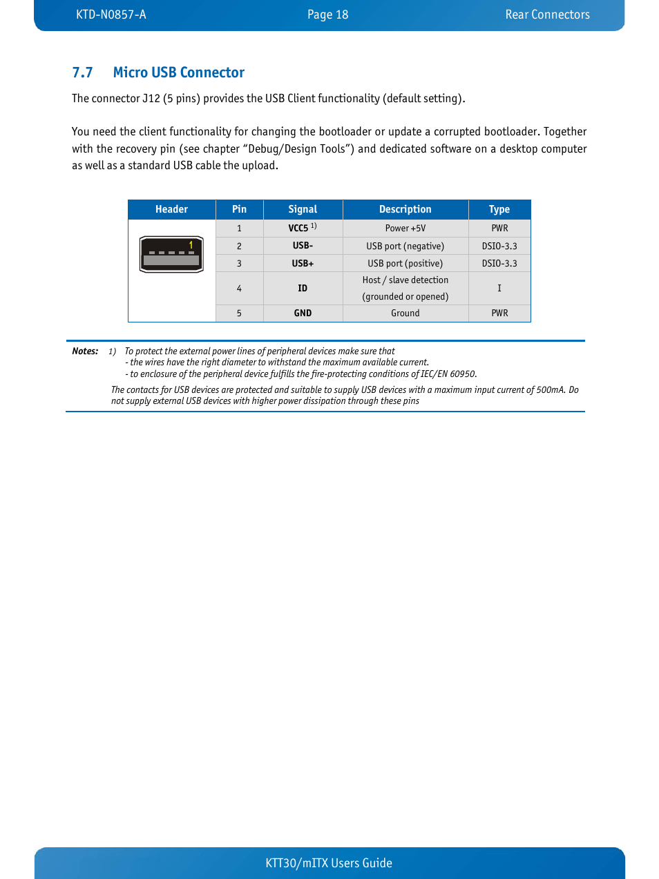 7 micro usb connector, Micro usb connector, Ktt30/mitx users guide | Kontron KTT30-mITX User Manual | Page 21 / 38