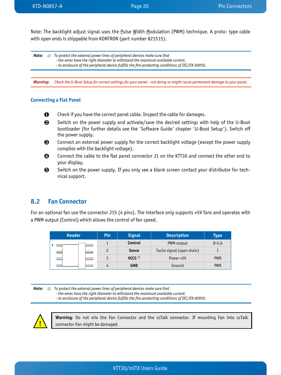 Connecting a flat panel, 2 fan connector, Fan connector | Kontron KTT30-mITX User Manual | Page 23 / 38