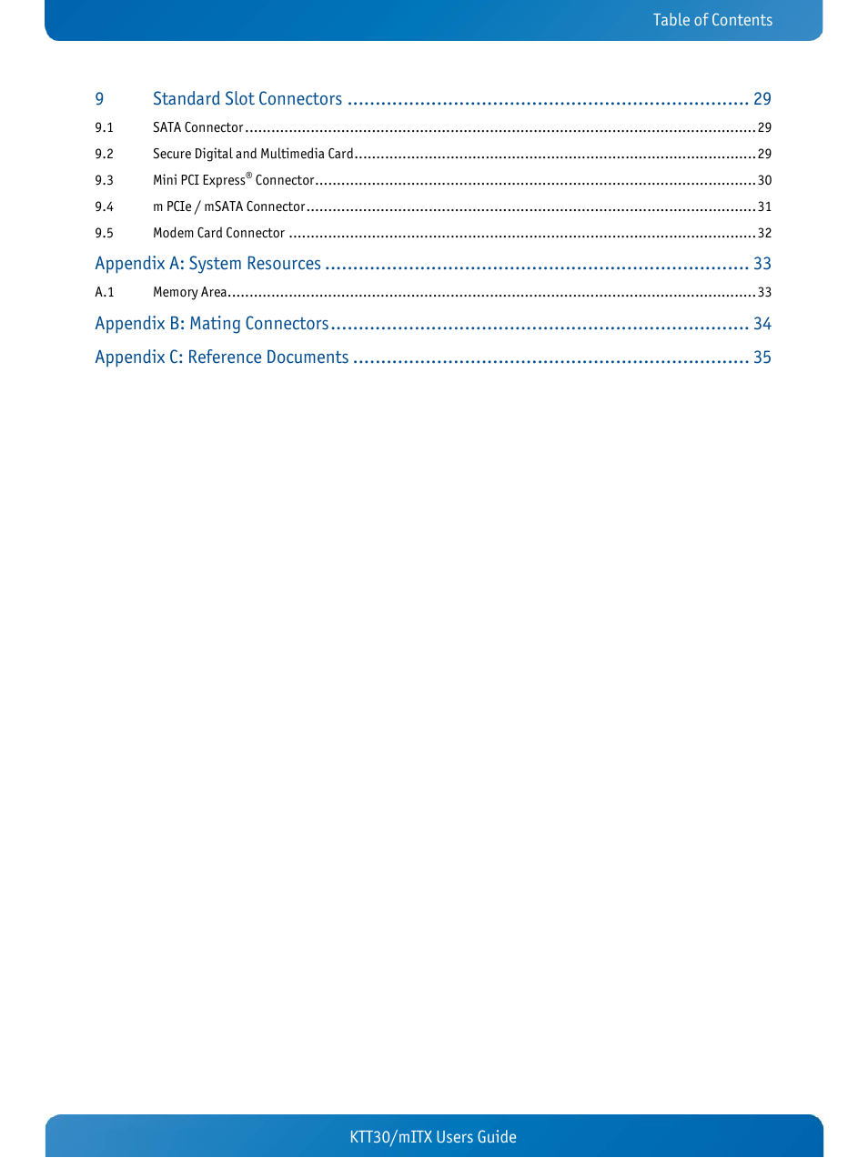 Standard slot connectors, Appendix a: system resources, Appendix b: mating connectors | Appendix c: reference documents | Kontron KTT30-mITX User Manual | Page 3 / 38