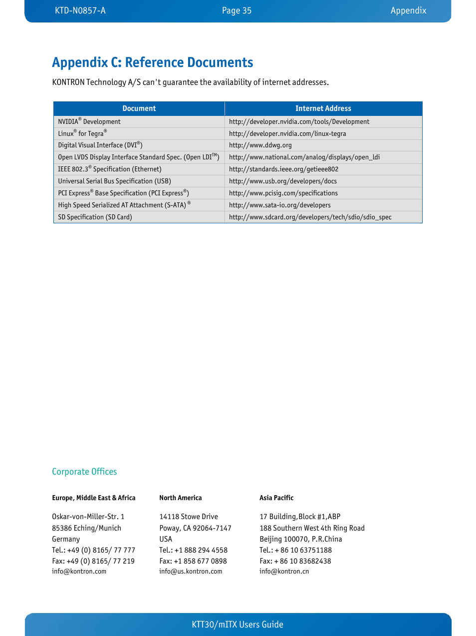 Appendix c: reference documents, Ktt30/mitx users guide, Corporate offices | Kontron KTT30-mITX User Manual | Page 38 / 38