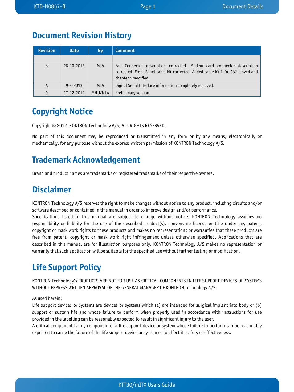 Document revision history, Copyright notice, Trademark acknowledgement | Disclaimer, Life support policy | Kontron KTT30-mITX User Manual | Page 4 / 38