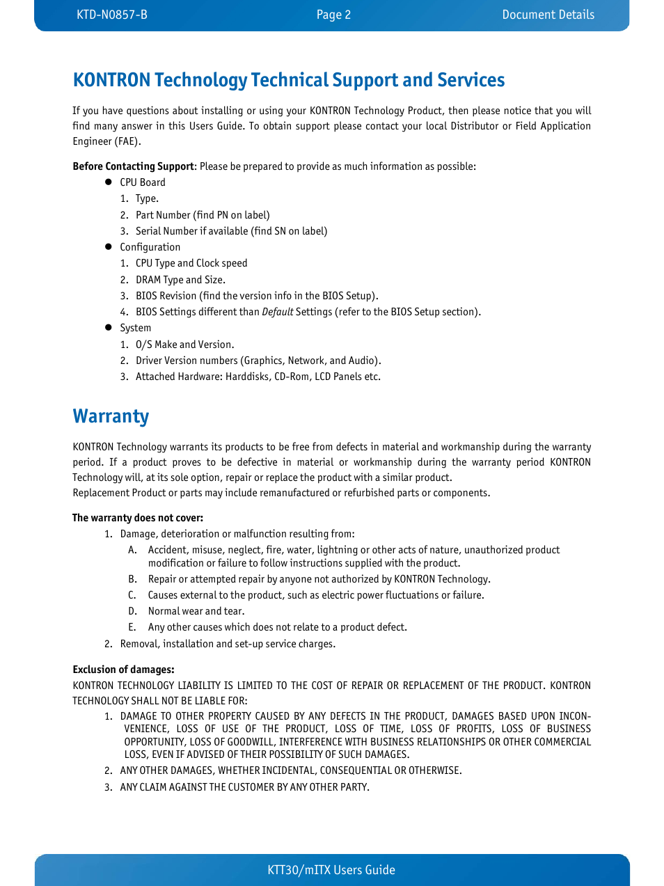 Kontron technology technical support and services, Warranty, Ktt30/mitx users guide | Kontron KTT30-mITX User Manual | Page 5 / 38