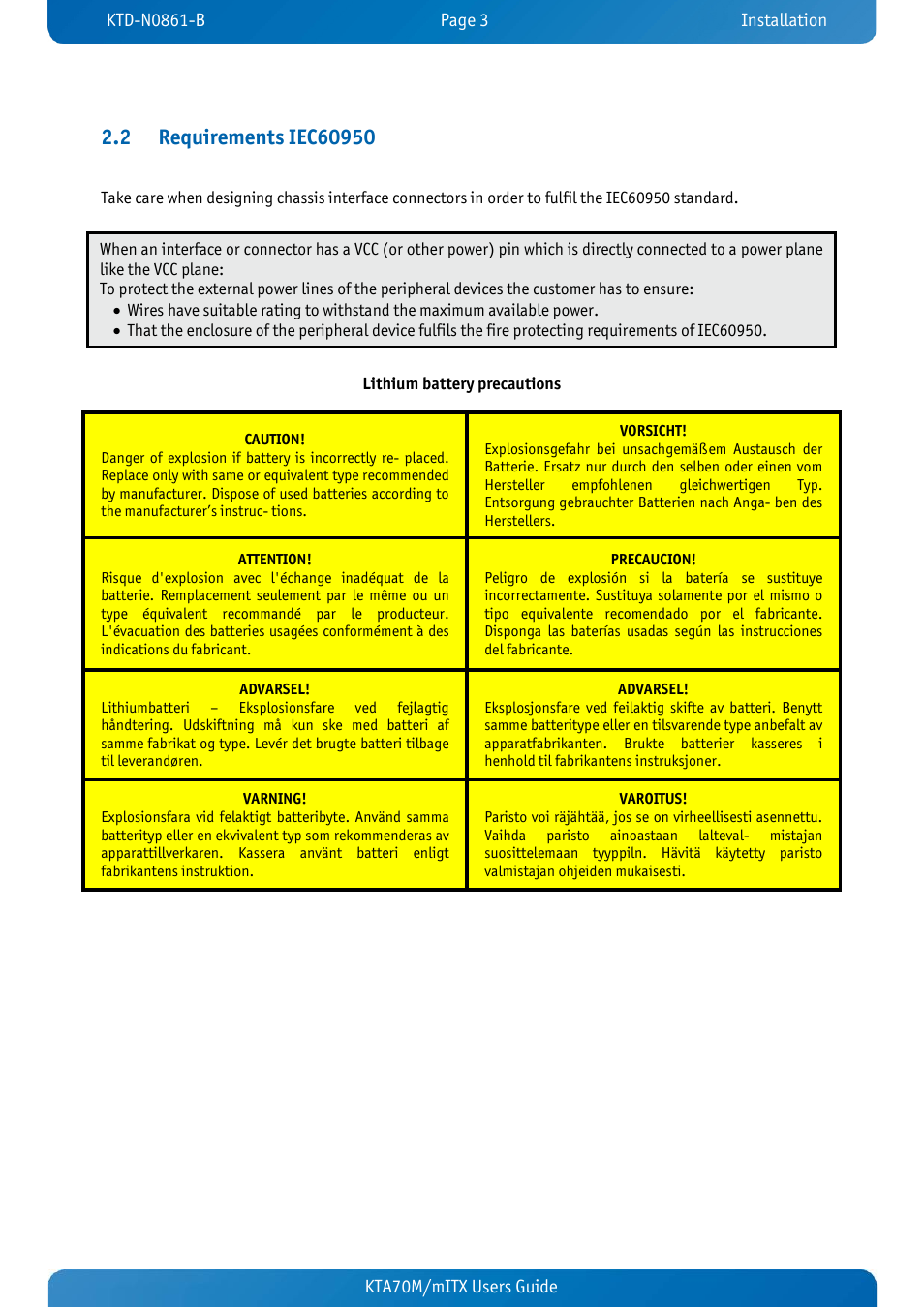 2 requirements iec60950, Requirements iec60950 | Kontron KTA70M-mITX User Manual | Page 10 / 88