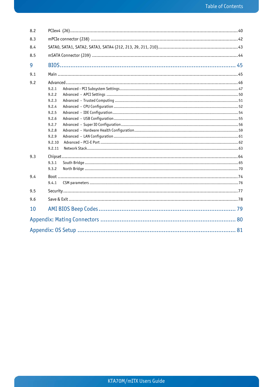 Bios, Ami bios beep codes, Appendix: mating connectors | Appendix: os setup | Kontron KTA70M-mITX User Manual | Page 3 / 88