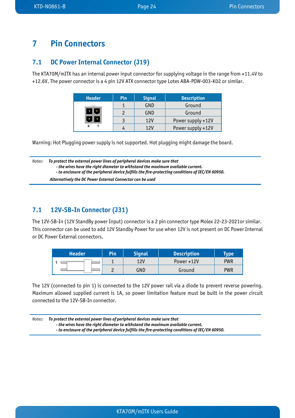 7 pin connectors, 1 dc power internal connector (j19), 1 12v-sb-in connector (j31) | Pin connectors, Dc power internal connector (j19), 12v-sb-in connector (j31), 7pin connectors | Kontron KTA70M-mITX User Manual | Page 31 / 88