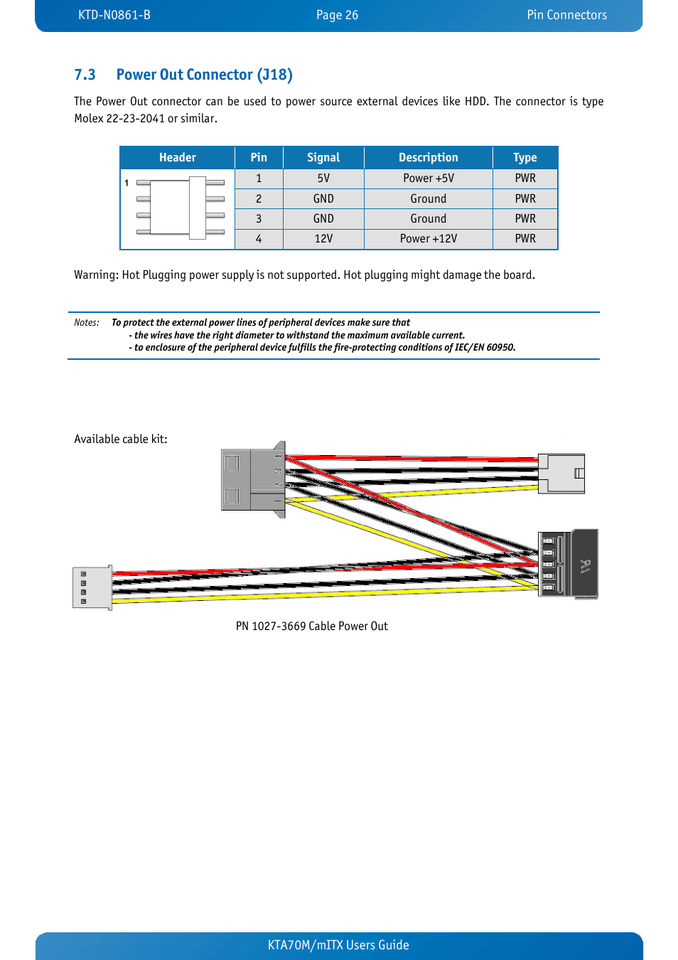 3 power out connector (j18), Power out connector (j18) | Kontron KTA70M-mITX User Manual | Page 33 / 88