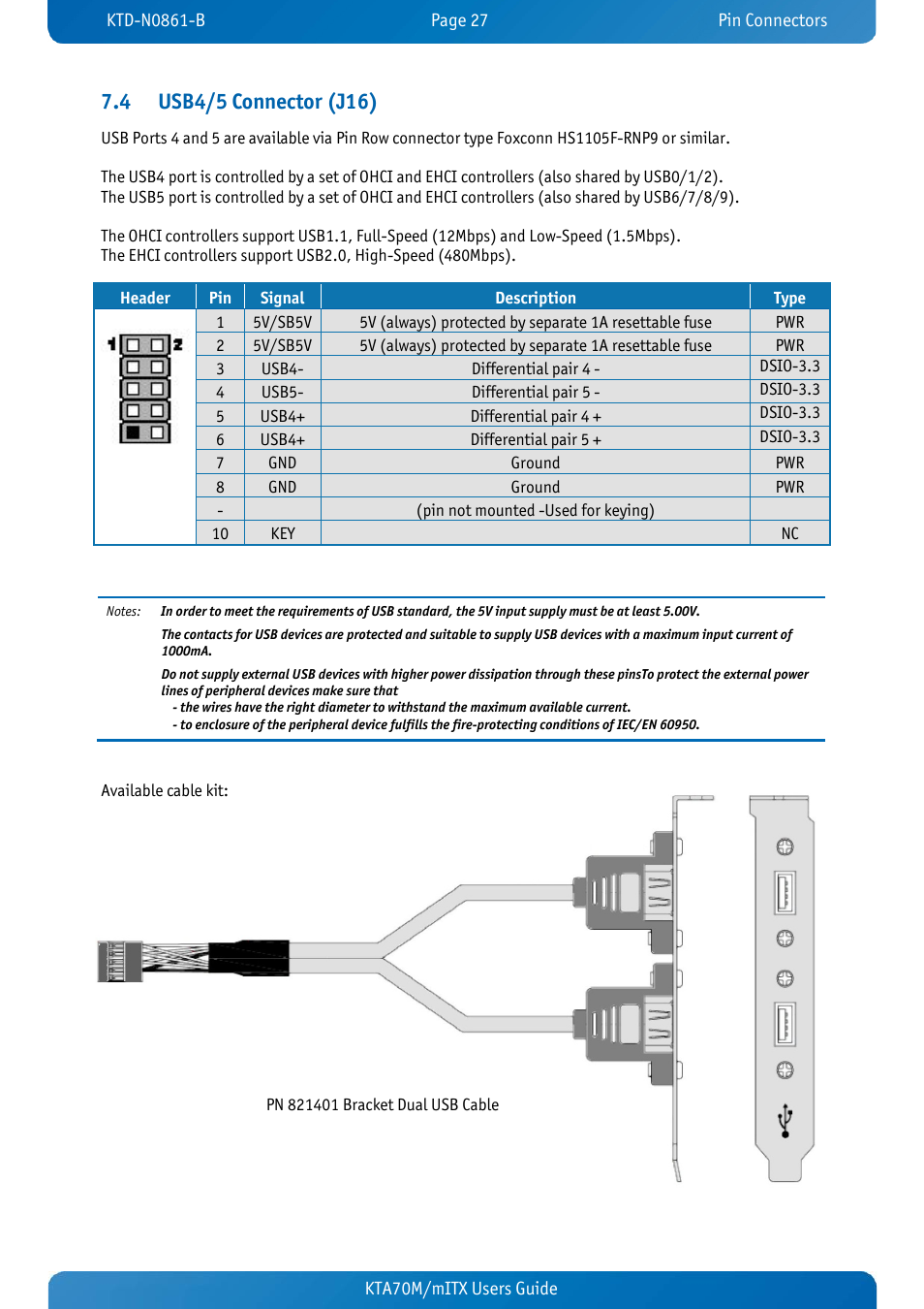 4 usb4/5 connector (j16), Usb4/5 connector (j16) | Kontron KTA70M-mITX User Manual | Page 34 / 88
