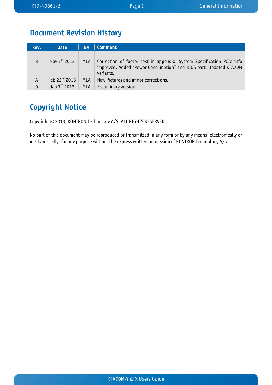 Document revision history, Copyright notice | Kontron KTA70M-mITX User Manual | Page 4 / 88