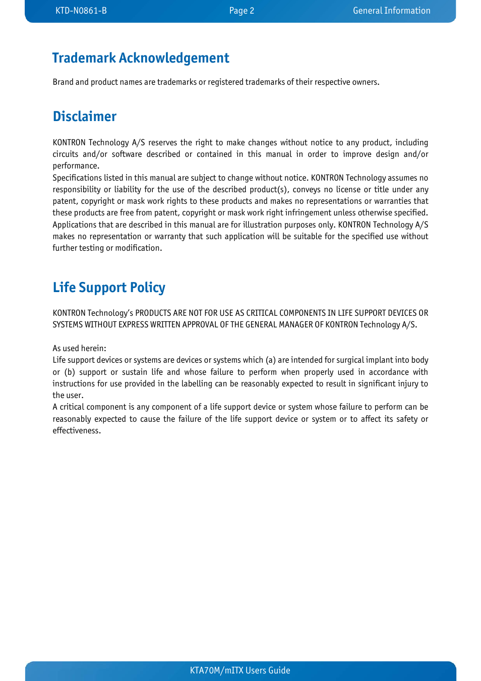 Trademark acknowledgement, Disclaimer, Life support policy | Kontron KTA70M-mITX User Manual | Page 5 / 88