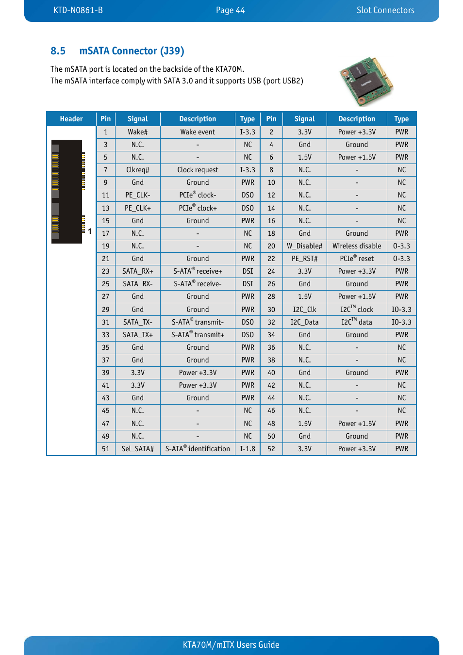 5 msata connector (j39), Msata connector (j39), Kta70m/mitx users guide kta70m/mitx users guide | Kontron KTA70M-mITX User Manual | Page 51 / 88