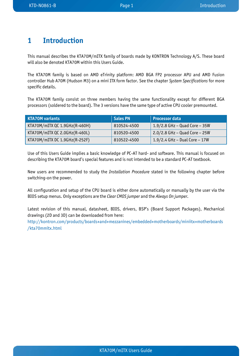 1 introduction, Introduction, 1introduction | Kontron KTA70M-mITX User Manual | Page 8 / 88