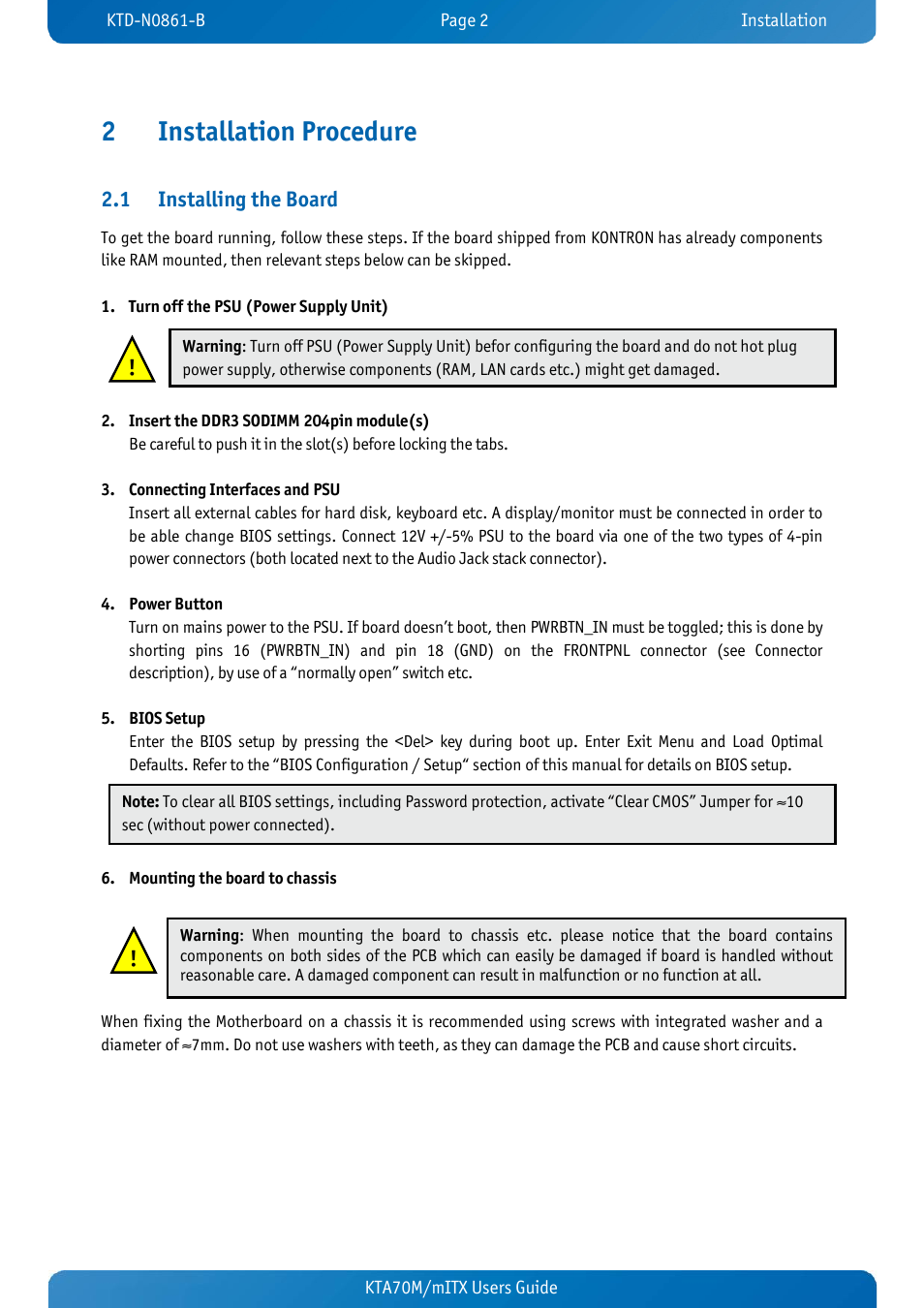 2 installation procedure, 1 installing the board, Installation procedure | Installing the board, 2installation procedure | Kontron KTA70M-mITX User Manual | Page 9 / 88