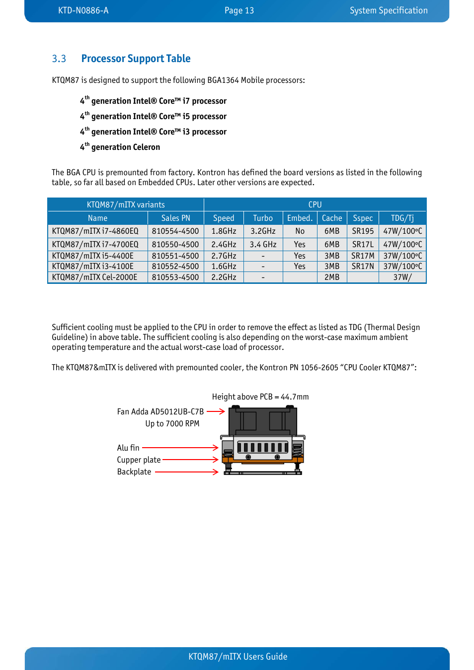 3 processor support table, Processor support table, Processor support table 3.3 | Kontron KTQM87-mITX User Manual | Page 15 / 110