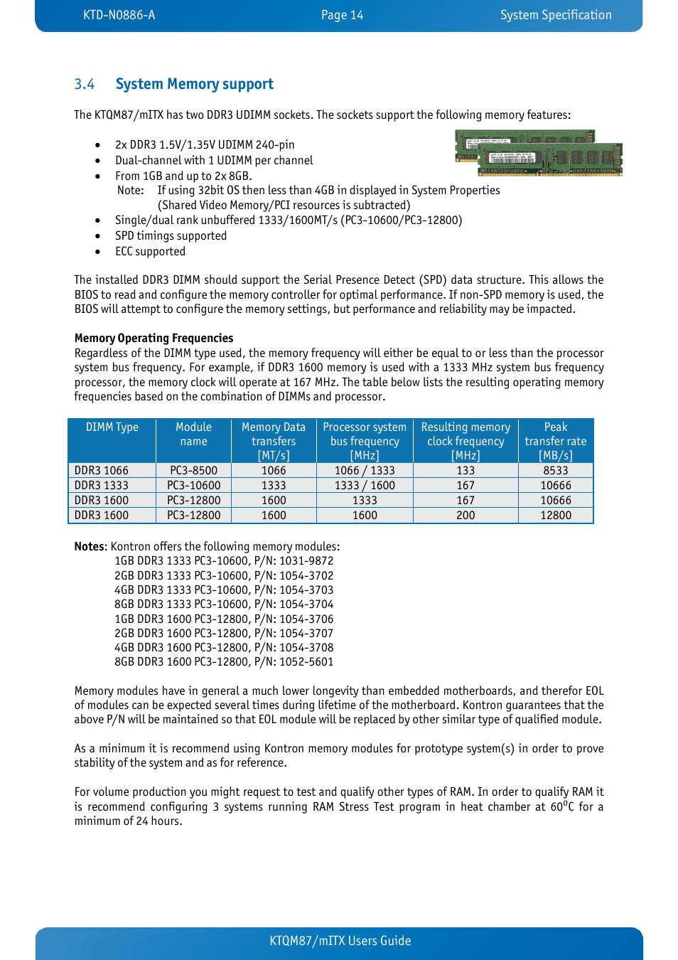 4 system memory support, System memory support | Kontron KTQM87-mITX User Manual | Page 16 / 110