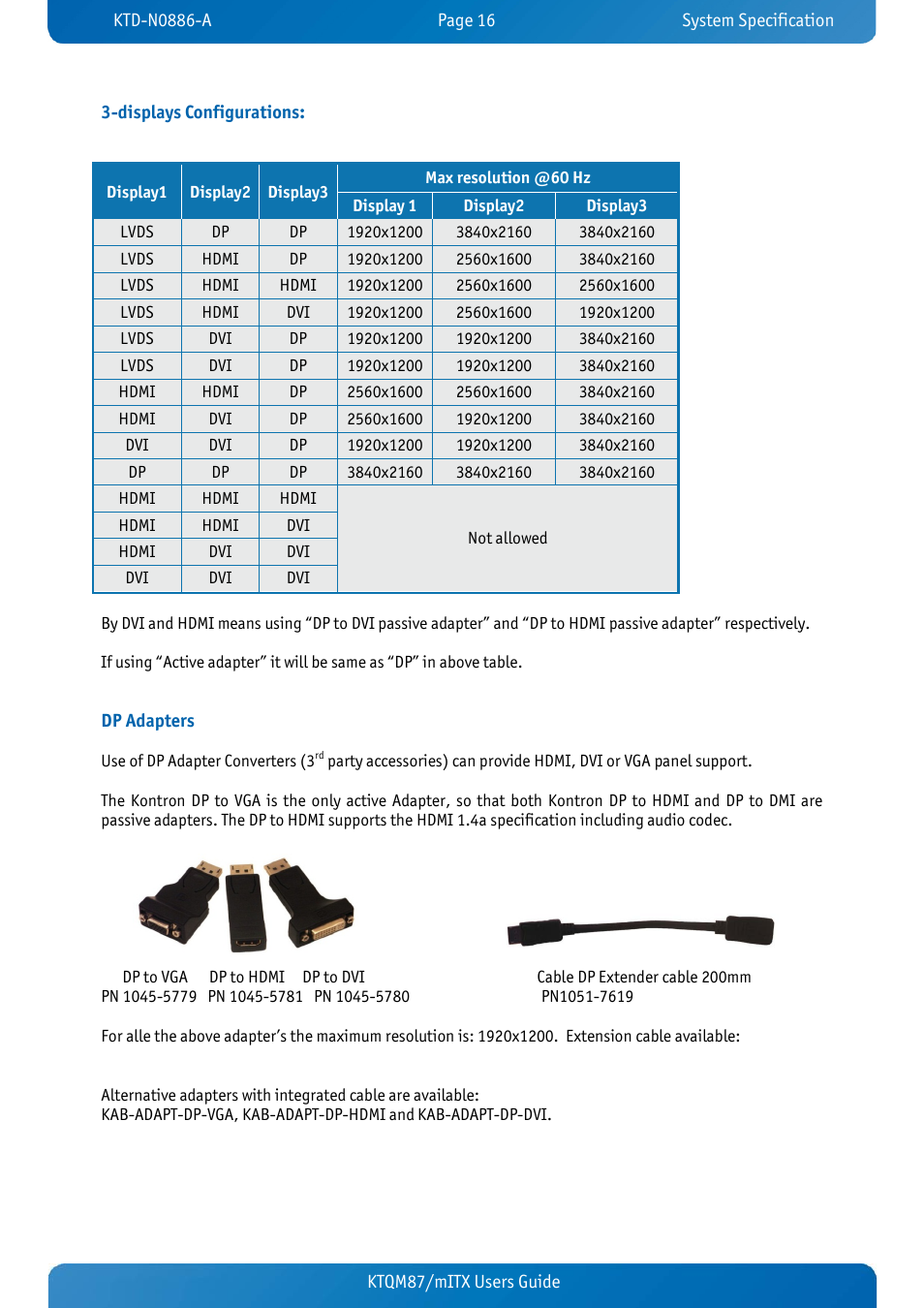 Displays configurations, Dp adapters | Kontron KTQM87-mITX User Manual | Page 18 / 110