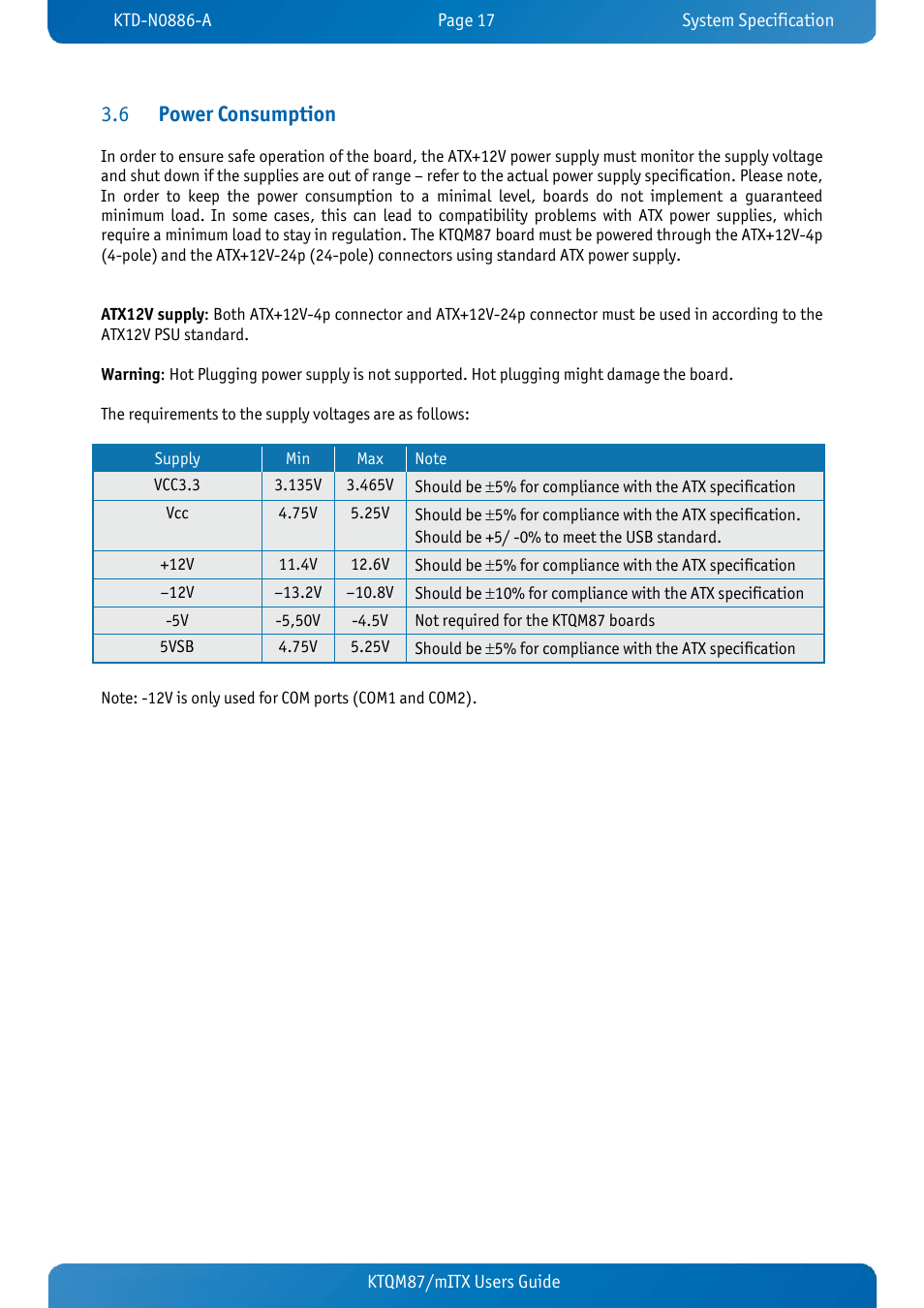 6 power consumption, Power consumption, Power consumption 3.6 | Kontron KTQM87-mITX User Manual | Page 19 / 110