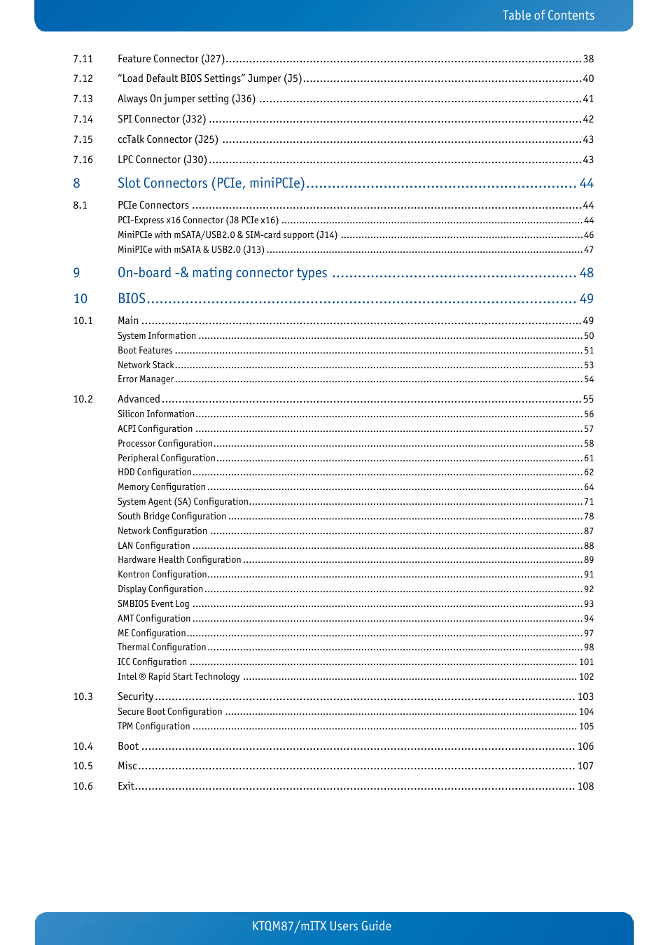 Slot connectors (pcie, minipcie), On-board -& mating connector types, Bios | Kontron KTQM87-mITX User Manual | Page 3 / 110