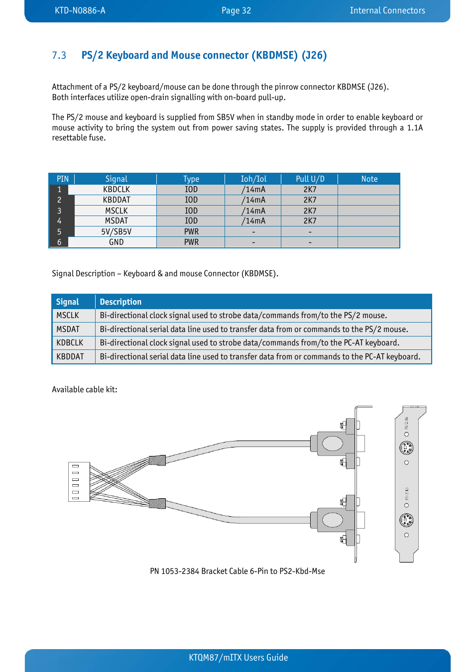 3 ps/2 keyboard and mouse connector (kbdmse) (j26), Ps/2 keyboard and mouse connector (kbdmse) (j26) | Kontron KTQM87-mITX User Manual | Page 34 / 110